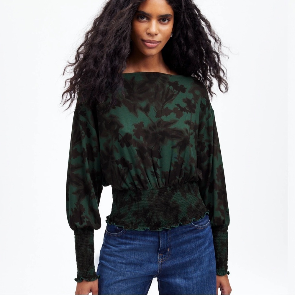 NWT Madewell Green and Black Chinched Long Sleeve Floral Small Blouse